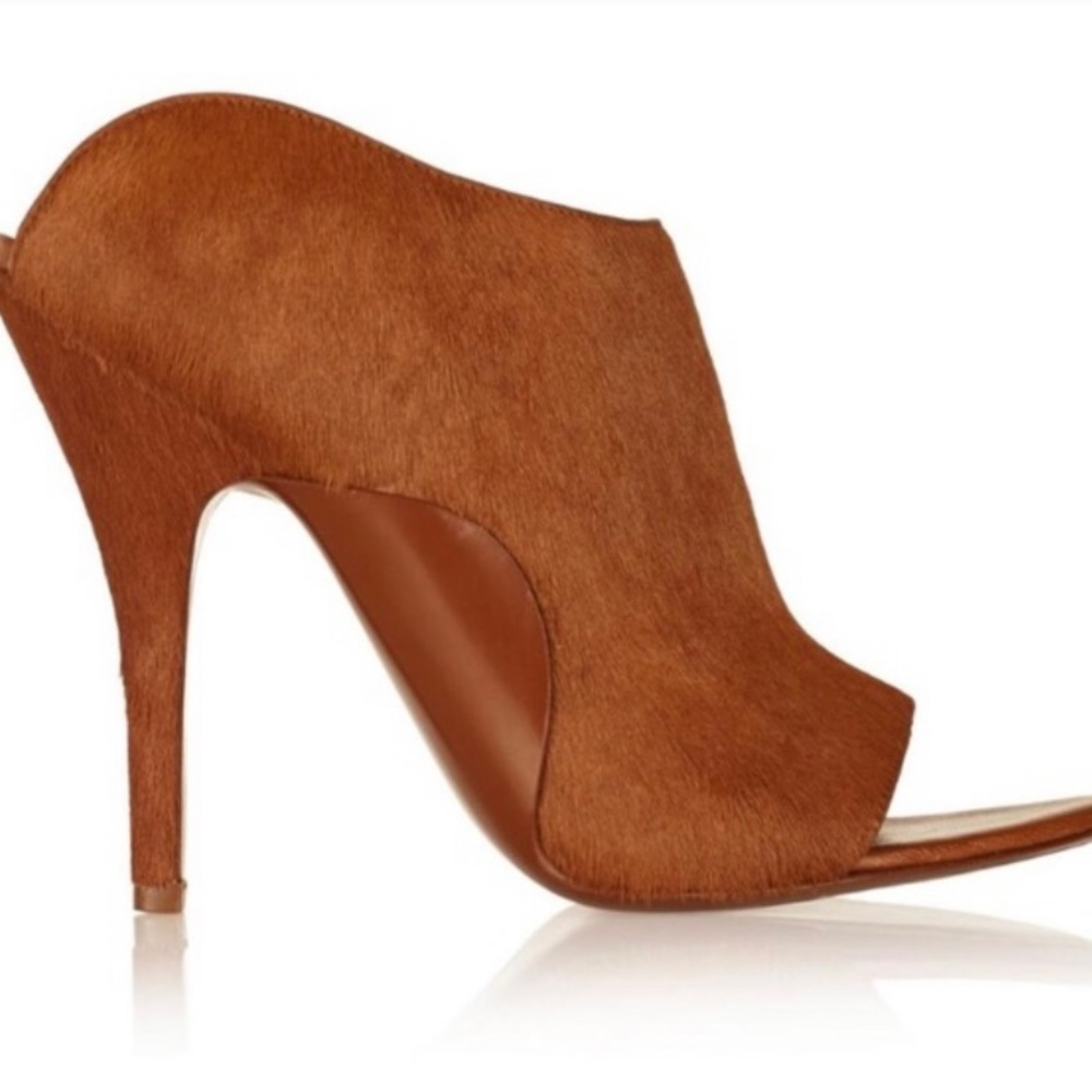 $795 Alexander Wang Maria Mules Calf Hair Peep Open Toe Leather High Heel 40 9.5